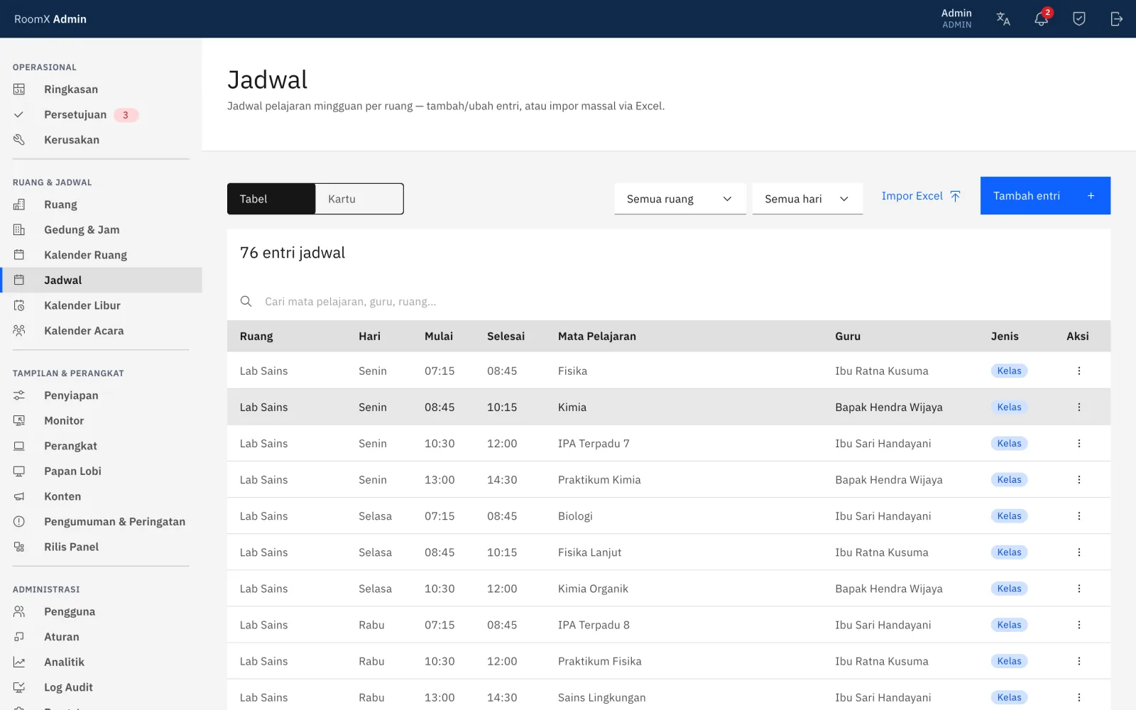 Halaman Jadwal menampilkan daftar entri jadwal pelajaran dengan tombol Import Excel