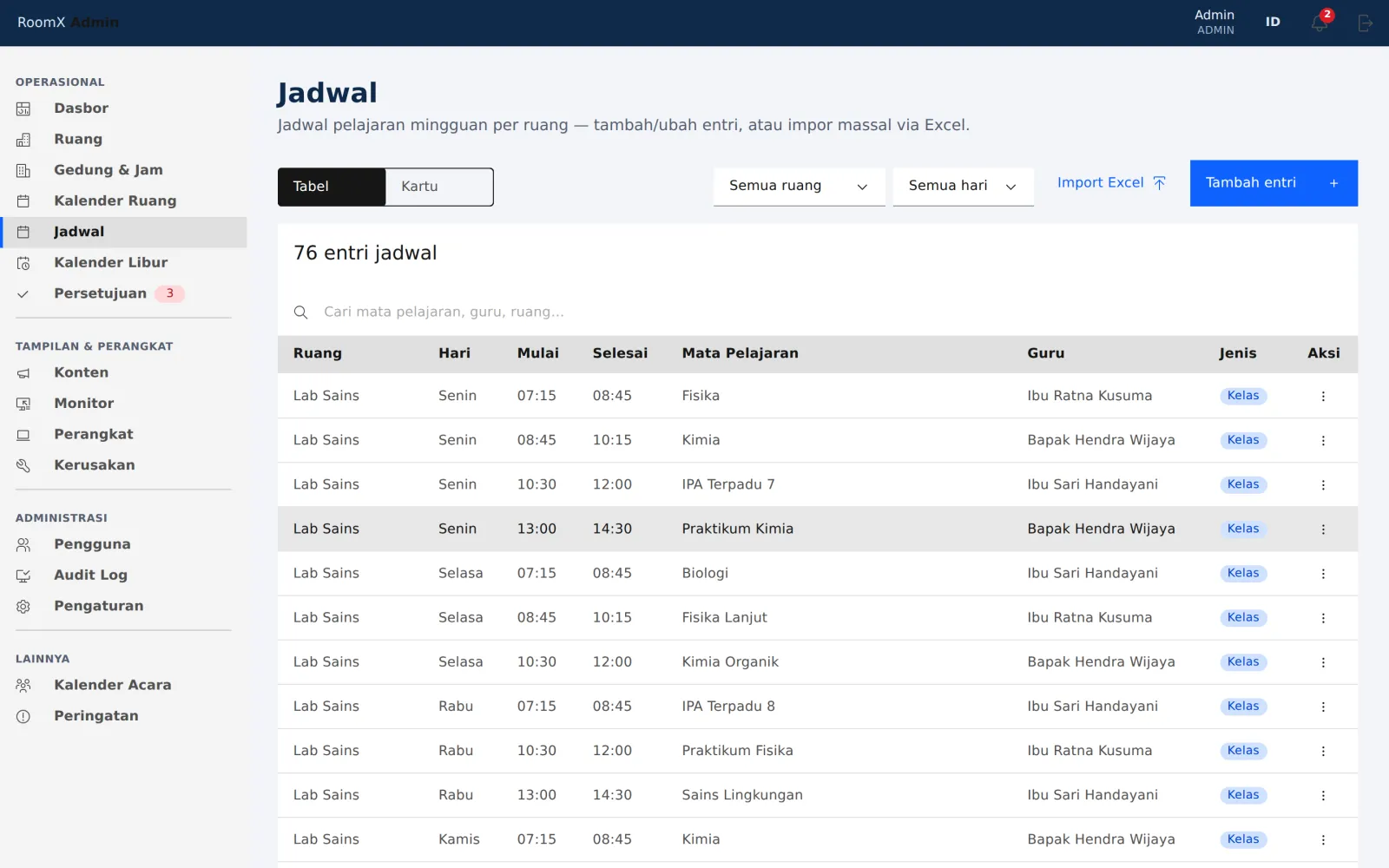 Halaman Jadwal menampilkan daftar entri jadwal pelajaran dengan tombol Import Excel
