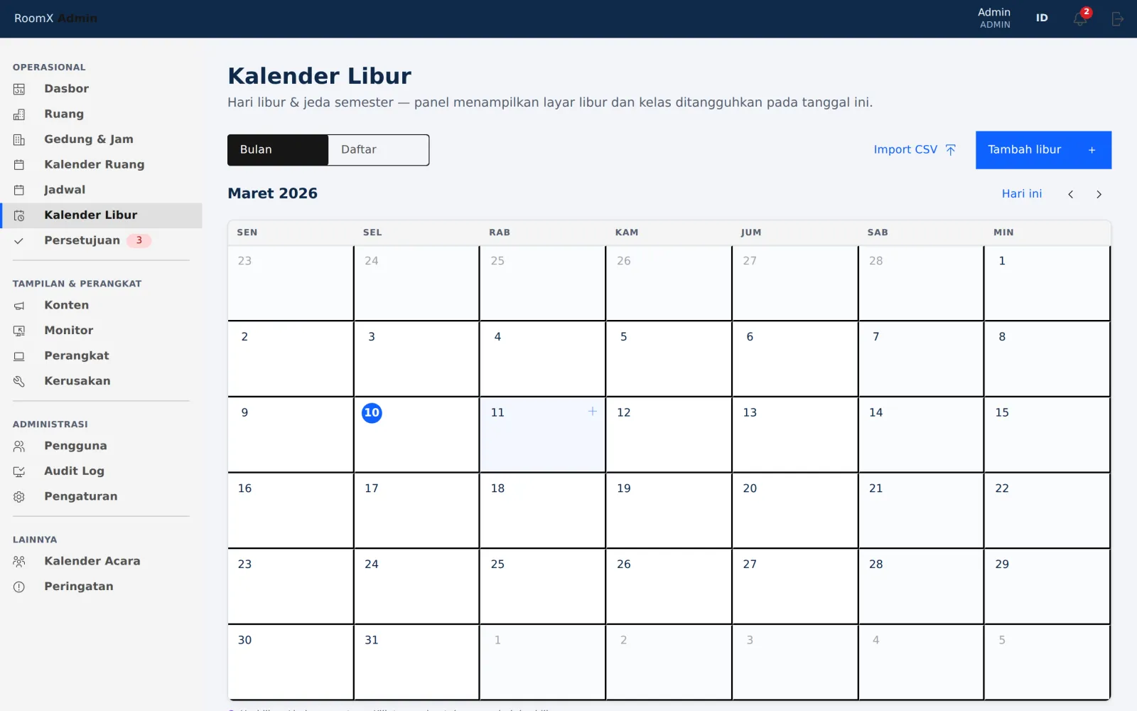 Kalender Libur menampilkan tampilan Bulan dengan hari libur ditandai pada grid kalender