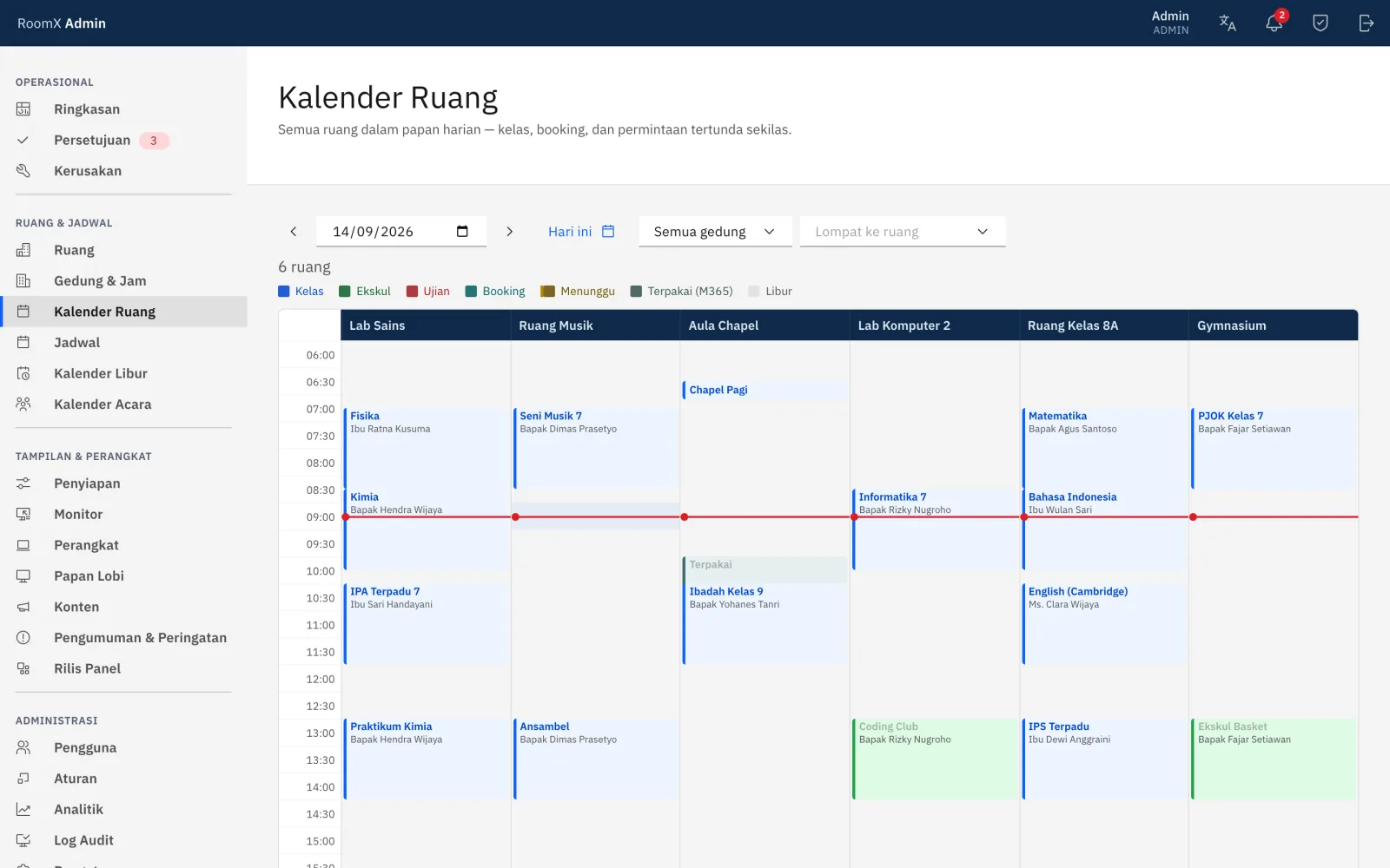Kalender Ruang di konsol untuk memesan slot atas nama guru