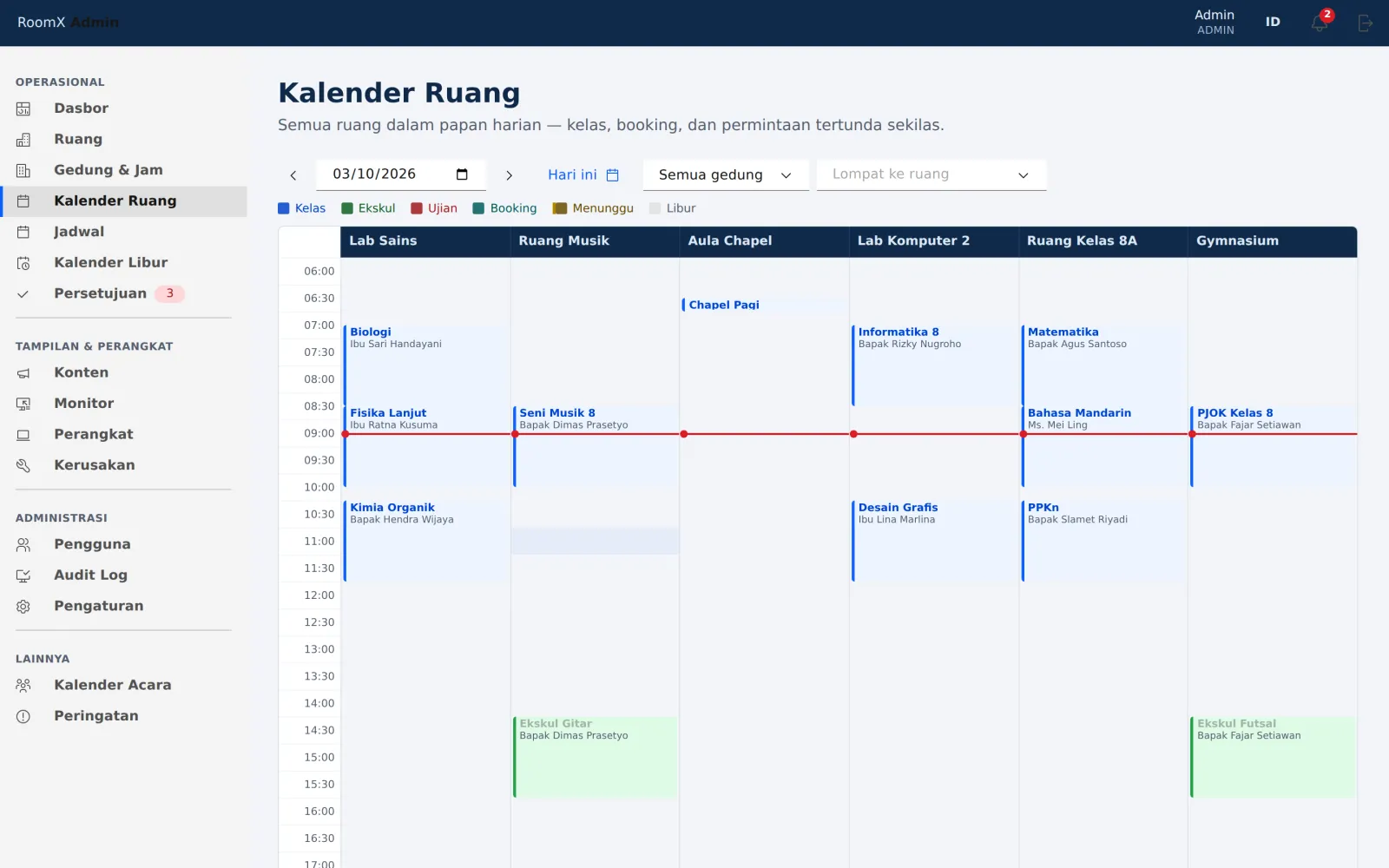 Kalender Ruang di konsol untuk memesan slot atas nama guru