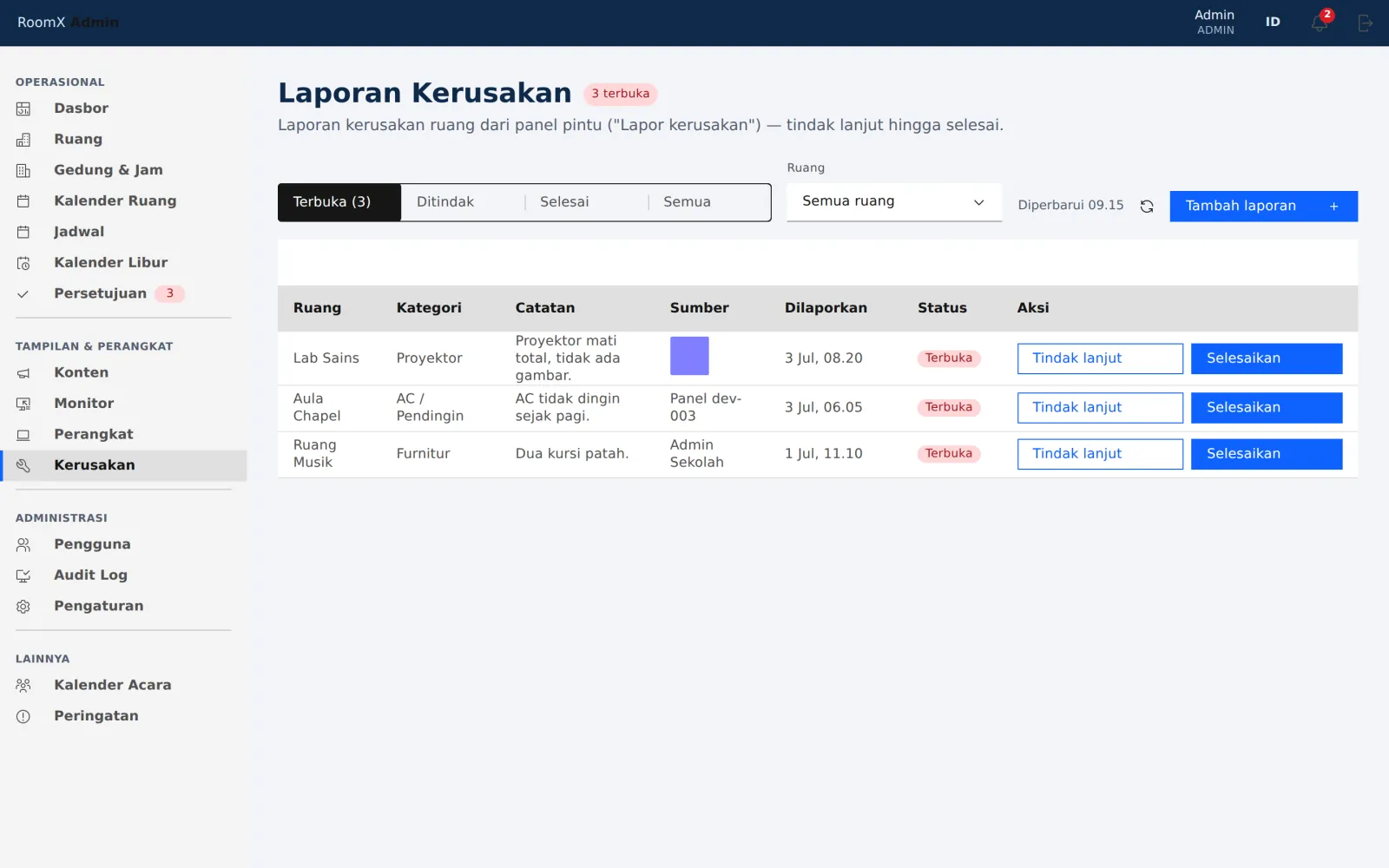 Halaman Kerusakan di konsol dengan daftar laporan dan statusnya