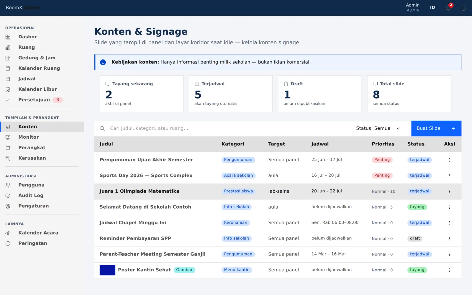 Halaman Konten di konsol dengan daftar slide dan tombol membuat slide baru