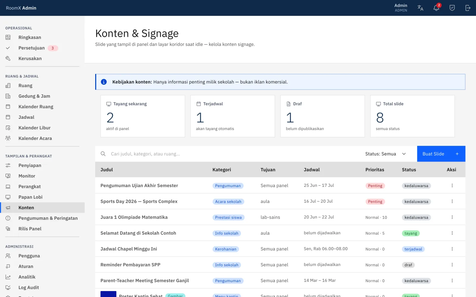 Halaman Konten di konsol dengan daftar slide dan tombol membuat slide baru