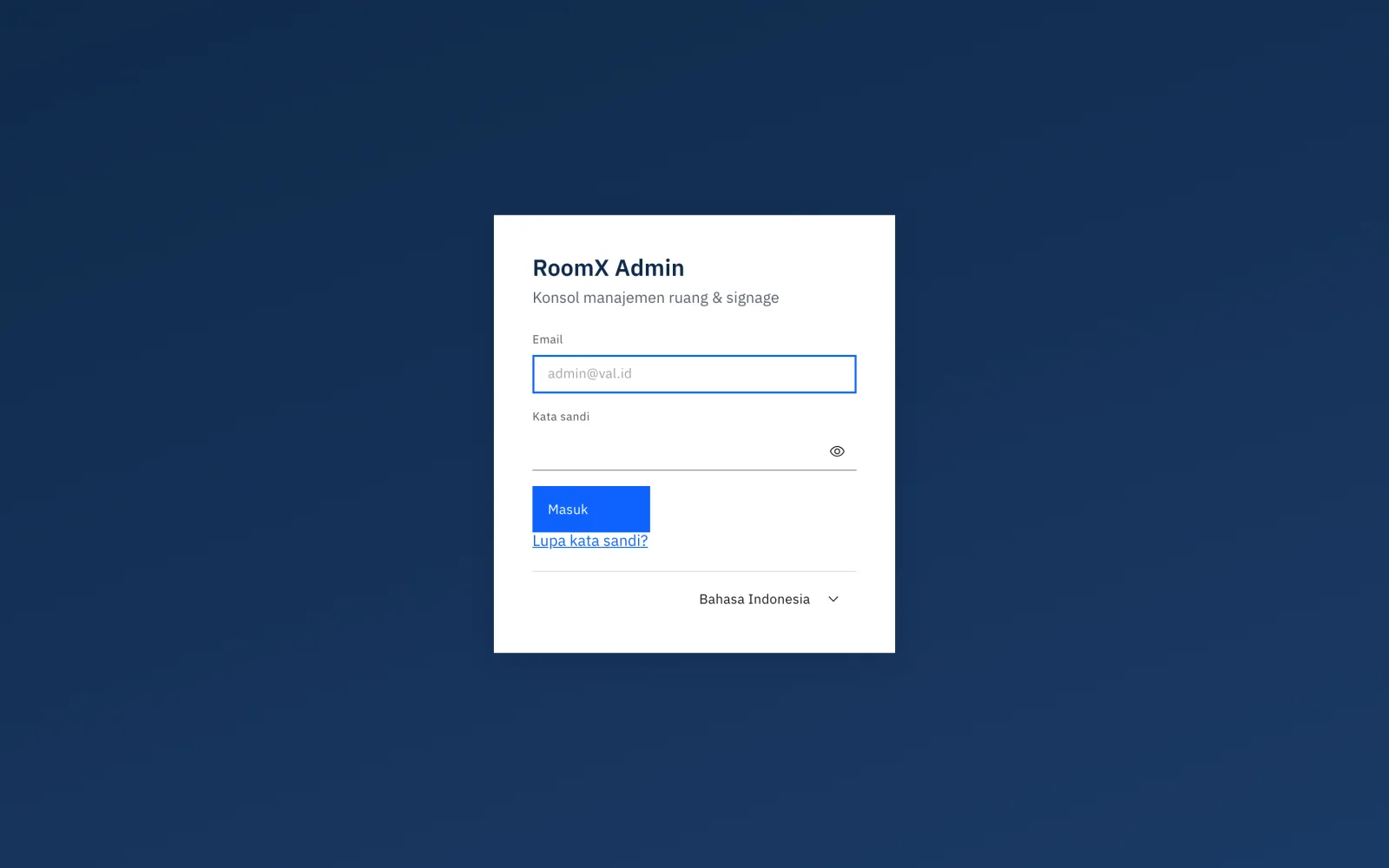 Halaman masuk konsol admin dengan kolom email dan kata sandi