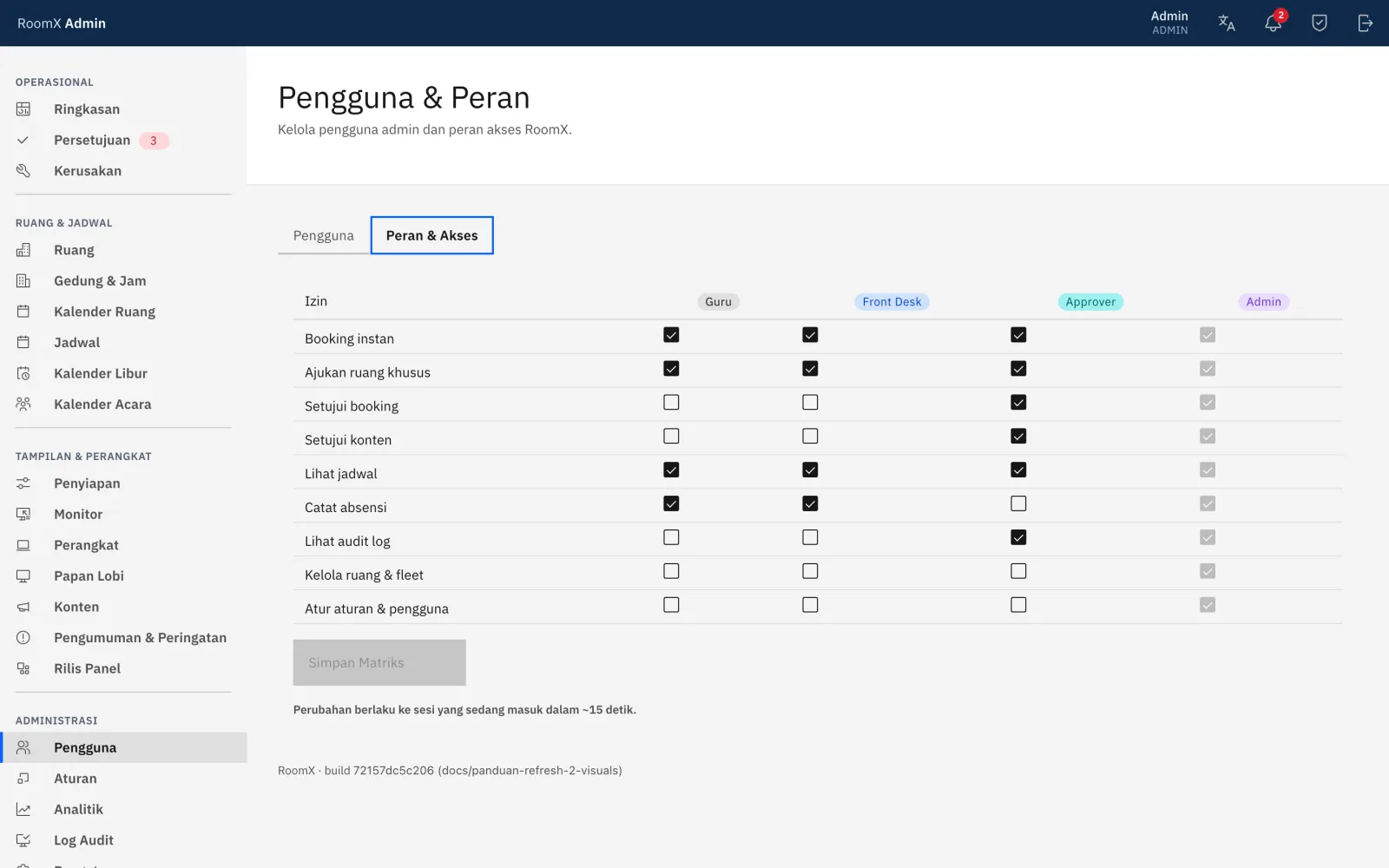 Tab Peran & Akses dengan matriks izin per peran