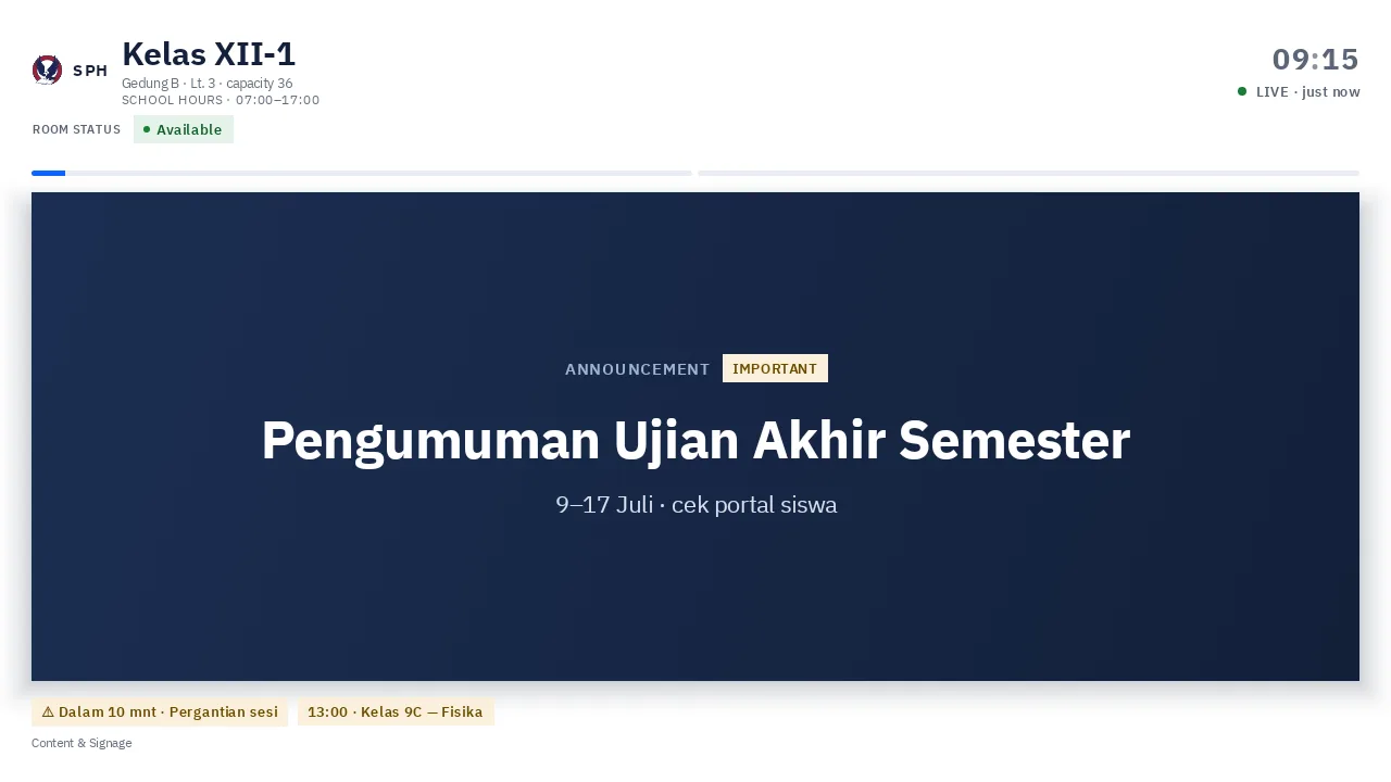 Panel pintu menampilkan slide signage berisi pengumuman