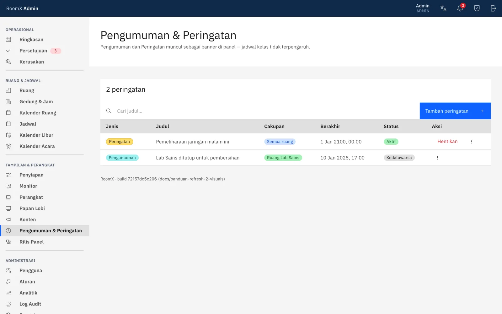 Halaman Pengumuman & Peringatan di konsol dengan daftar banner
