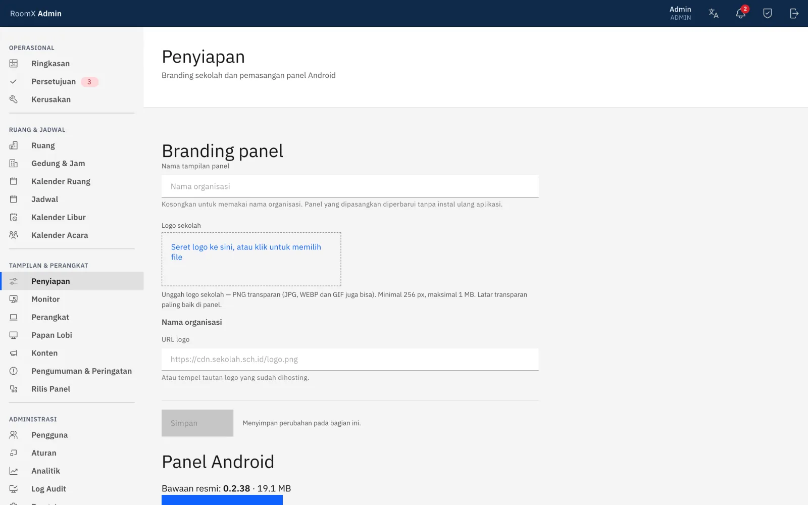Halaman Penyiapan dengan bagian Branding panel: nama tampilan panel, logo, dan pratinjau