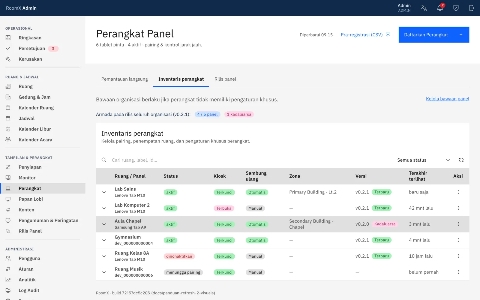 Halaman Perangkat di konsol untuk mendaftarkan dan mengikat panel ke ruang