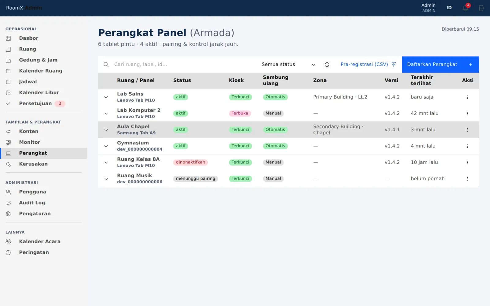 Halaman Perangkat di konsol admin