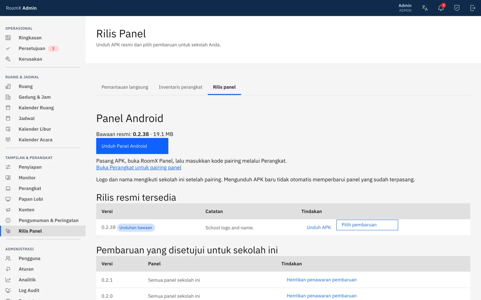 Halaman Rilis Panel di konsol dengan daftar rilis resmi dan pembaruan yang disetujui