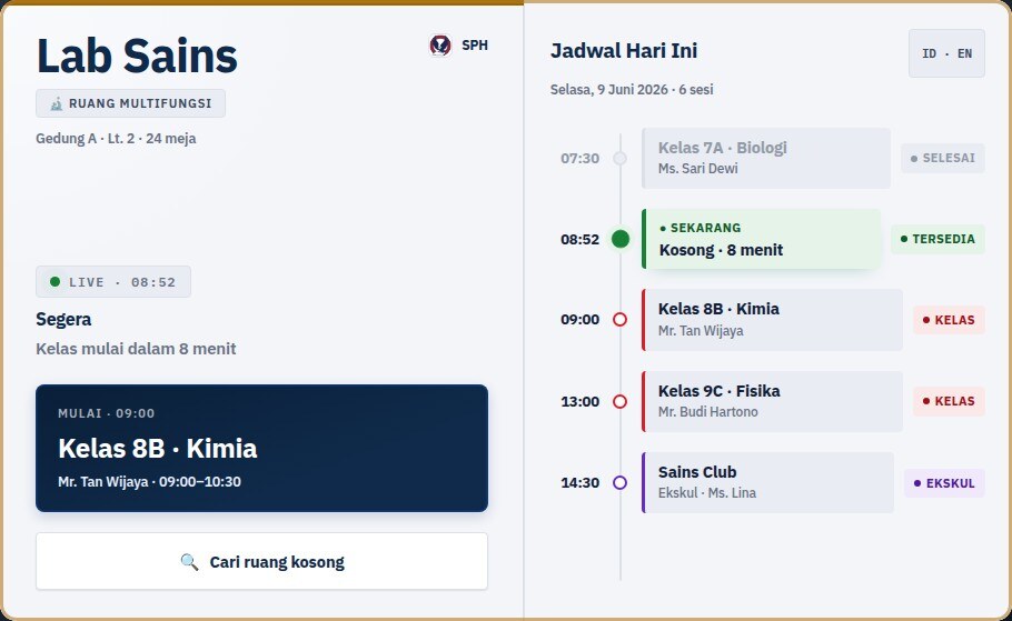 Panel menandai kelas berikutnya akan segera dimulai